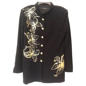 Cache Contour Collection Black Coat with Metallic Gold Floral Accents - Medium